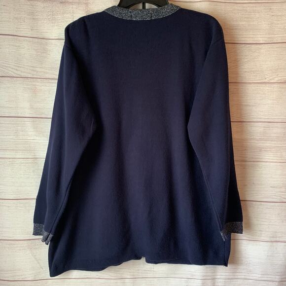 Vintage Karen Lessly Navy Cardigan Silver Metallic Thread and Rose Buttons Large - Picture 6 of 13